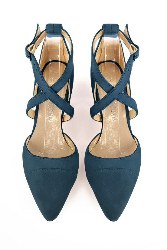 Peacock blue women's open side shoes, with crossed straps. Tapered toe. Medium comma heels. Top view - Florence KOOIJMAN